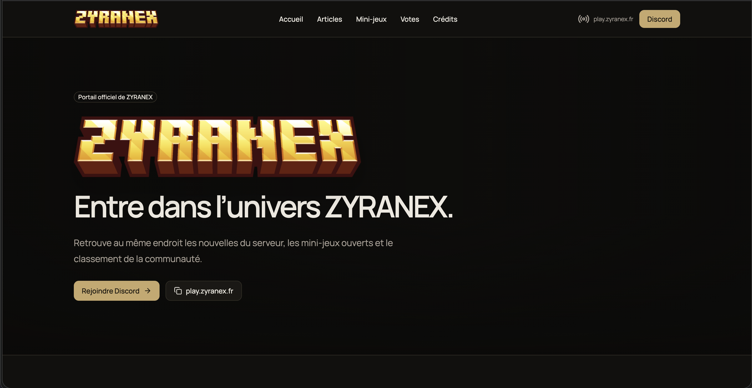 Site web du serveur Minecraft Zyranex